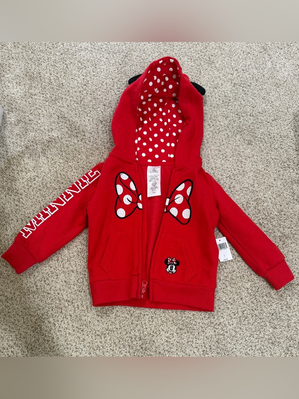 Disney Kids Red Minnie Mouse Hooded Zip-Up Sweatshirt with Polka Dot Lined Hood
